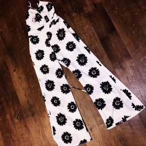 White Jumpsuit with Black Flower Detail